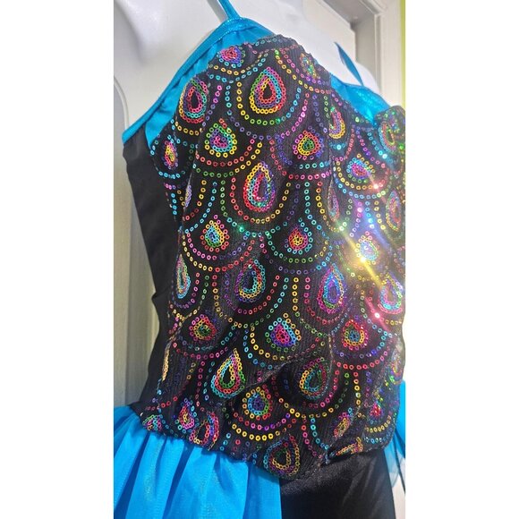 Adult Dance Costume Gallery Unitard Peacock Tutu Sparkly Blouson Jazz Tap Blue M - Picture 4 of 13